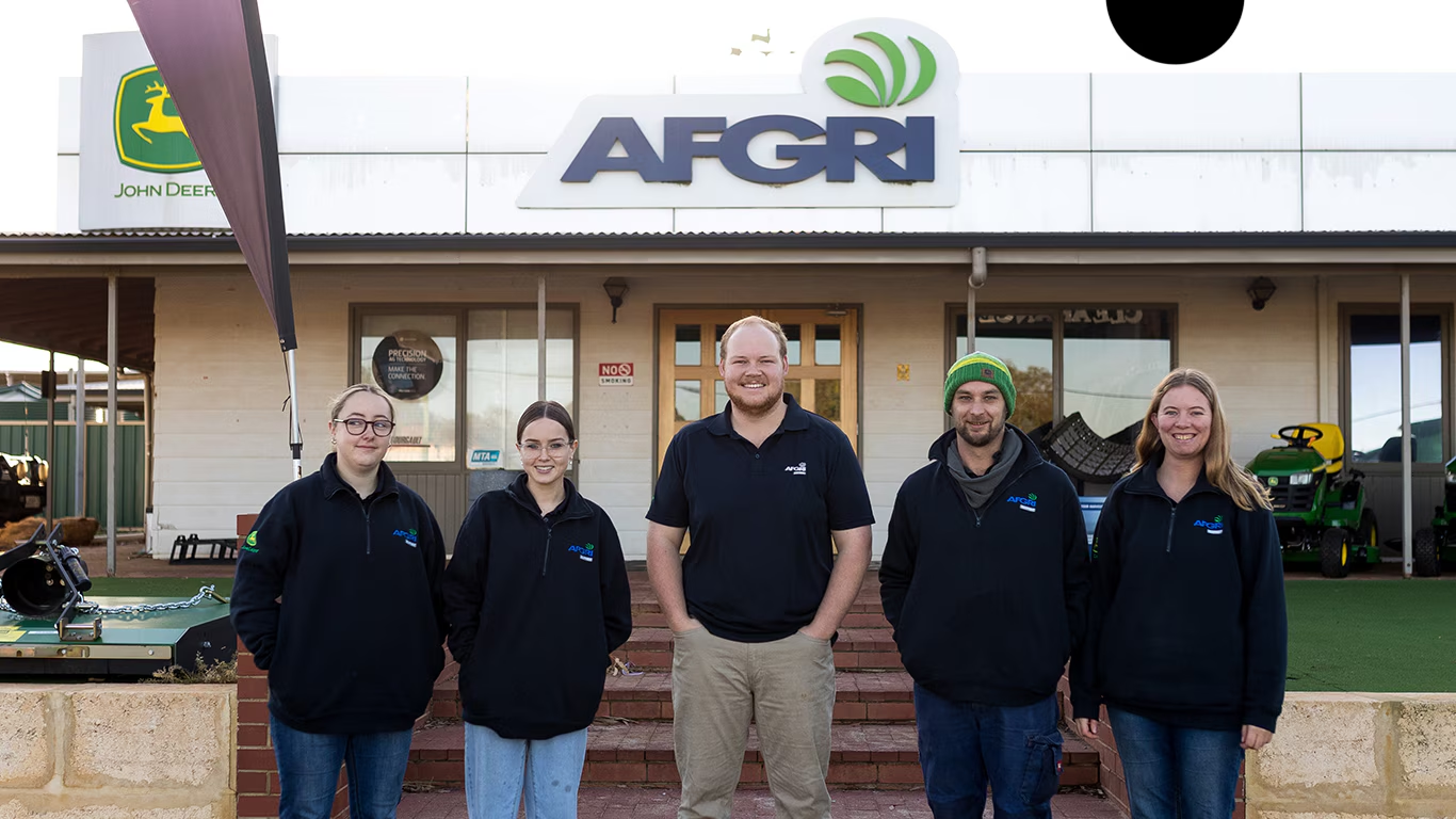 Caleb Dover (centre) with his team at the AFGRI Equipment dealership in Western Australia. L-R Genevieve Norman, Savannah Kilpatrick, Steven Robartson